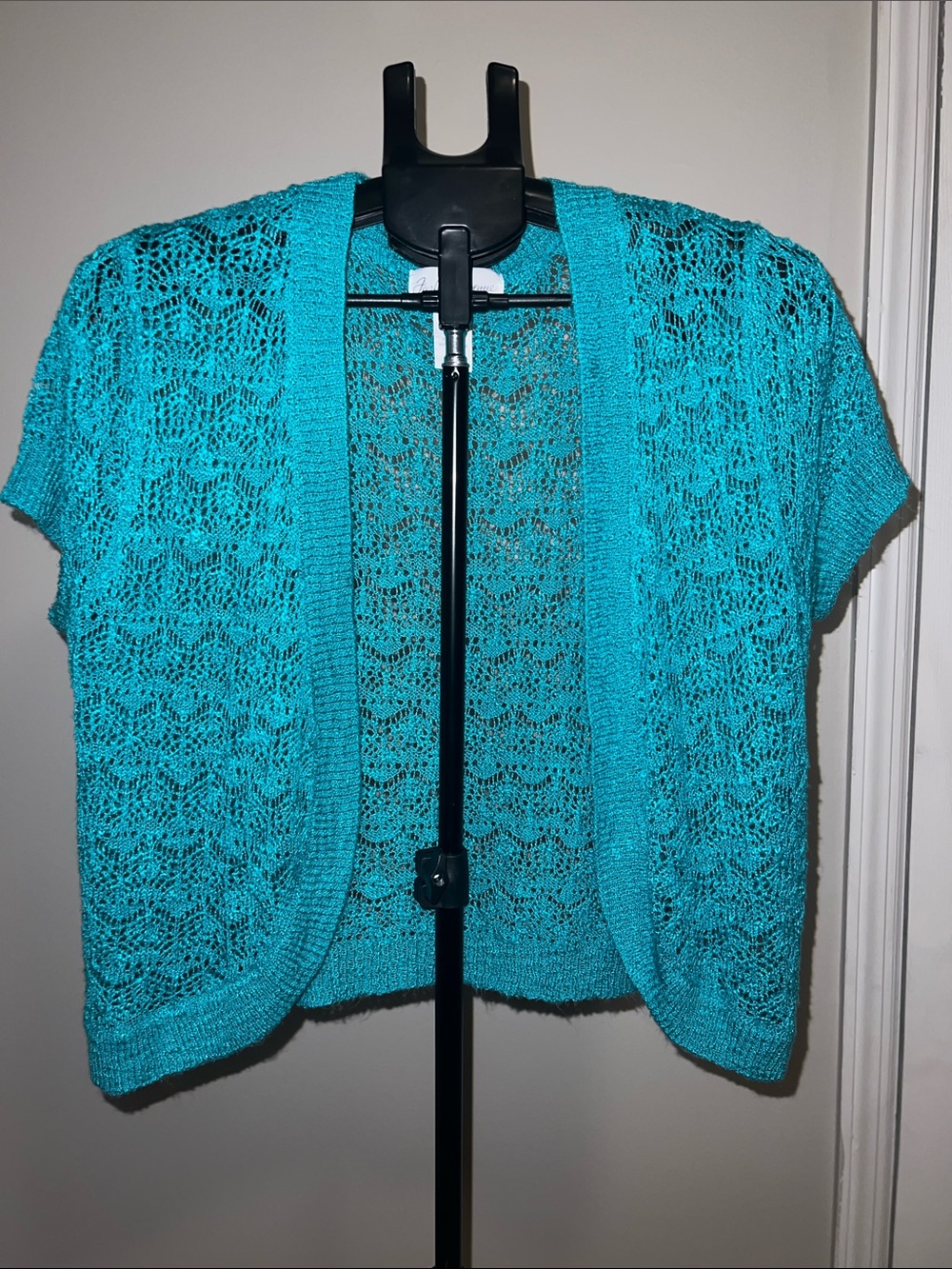Open-Front Teal Lace Knit Short-Sleeve Cardigan